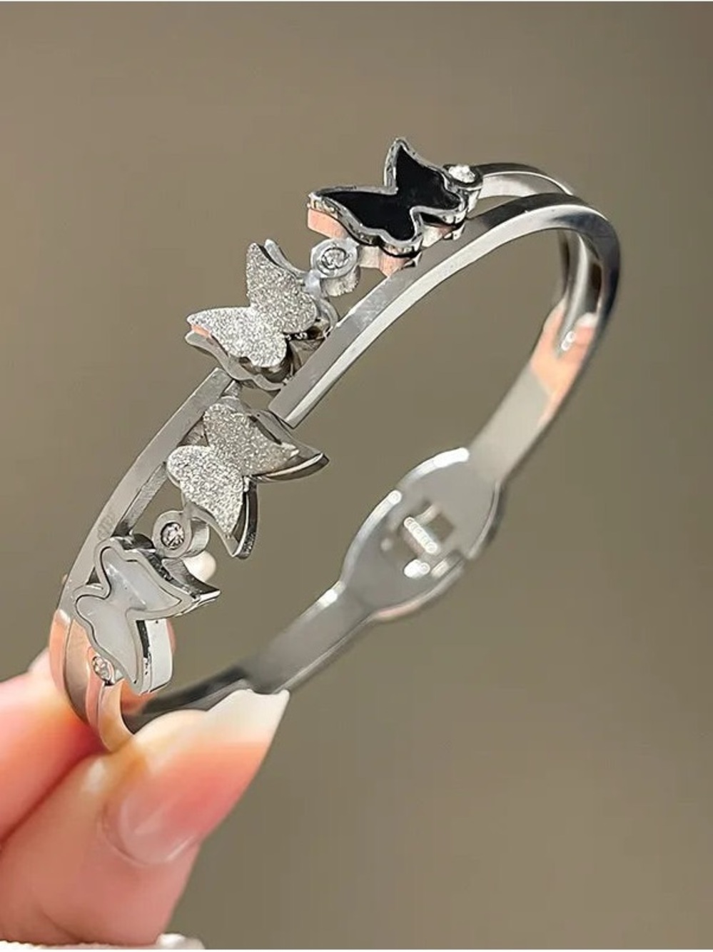 Silver Butterfly Bangle Bracelet - Black & White Accents
